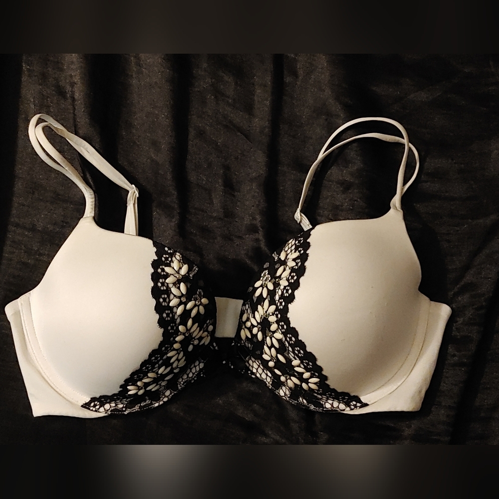 White and Black Embelished Victoria's Secret Bra -- 36D